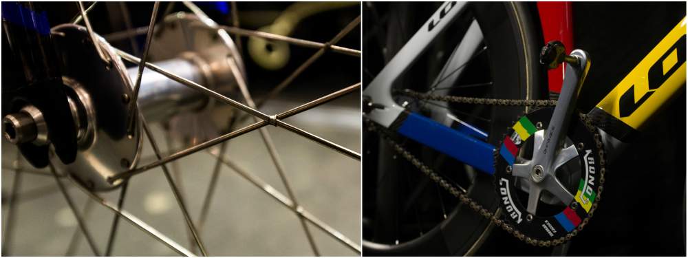 Des rayons ligaturés (à gauche) et un boîtier de pédalier plus élevé (à droite) font partie des spécificités du vélo de piste.